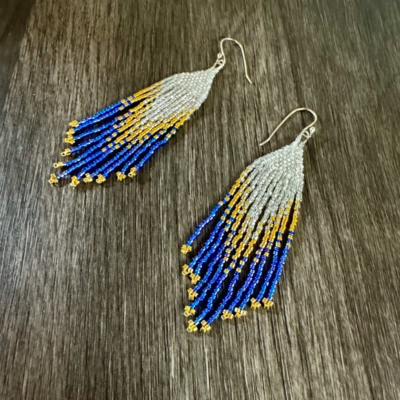 Handmade Beaded Earrings Medium Length Earrings Gold, Blue, Iridescent White - Picture 6 of 7